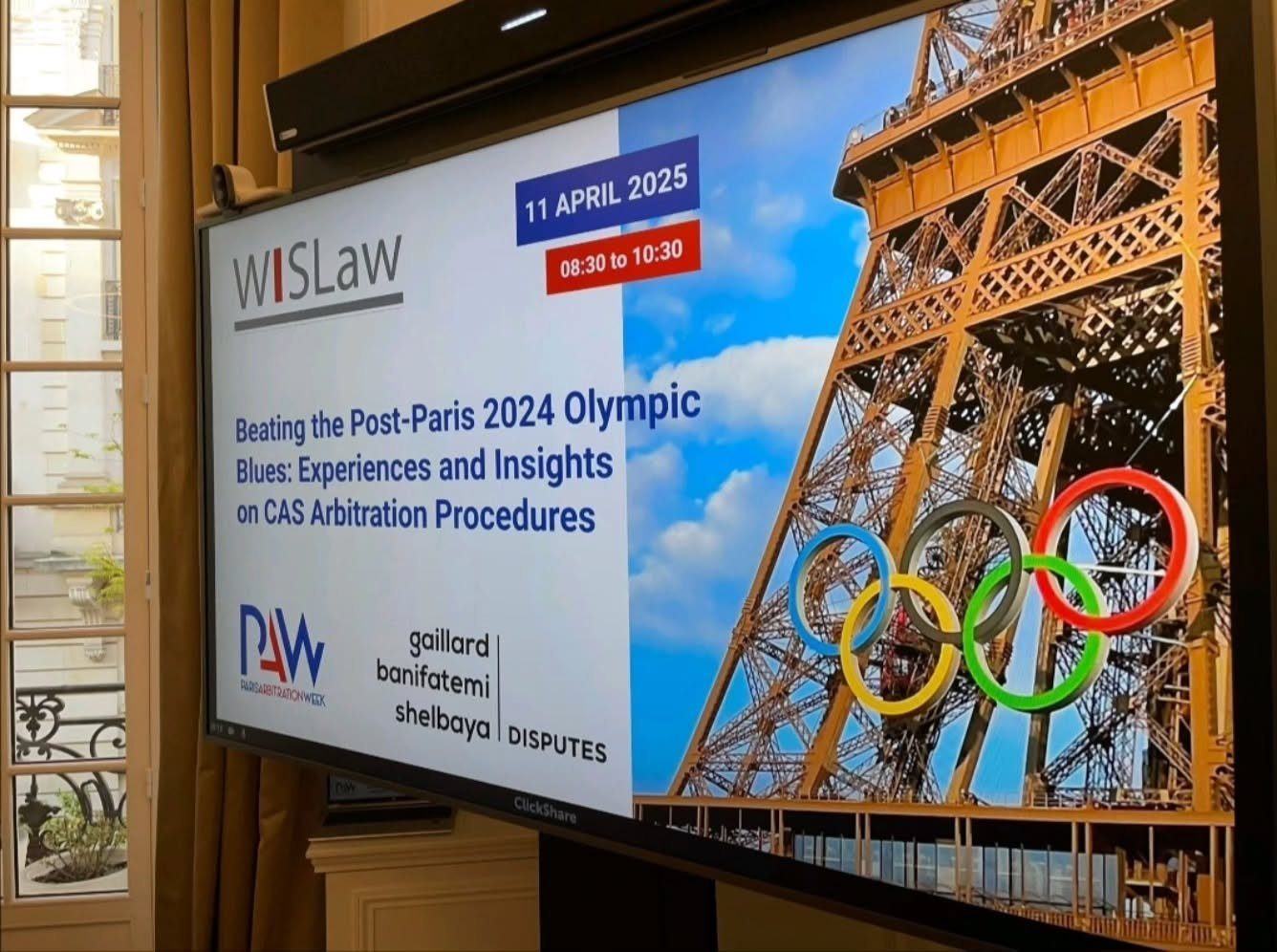 Screen announcing the Paris Arbitration Week session